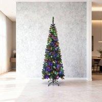 Shatchi Pre-Lit Artificial Slim Christmas Green Pencil Tree Multicolour LEDs Pointed Tips with Metal Stand | Size: 6ft