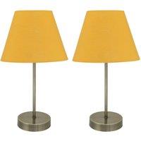 First Choice Lighting Set of 2 Antique Brass Stick Table Lamps with Ochre Fabric Shades in Yellow