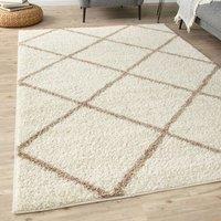 THE RUGS Moroccan Soft High Pile Shaggy Diamond Rugs & Runners Living Room in Ivory | Size: 60 cm x 110 cm