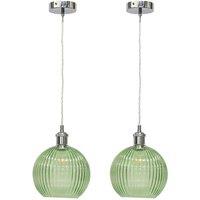 First Choice Lighting Set of 2 Betchley - Green Ribbed Glass Chrome Retro Pendant Fittings