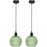 First Choice Lighting Set of 2 Betchley - Green Ribbed Glass Black Retro Pendant Fittings