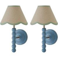 ValueLights Bobbins Pair Blue Bobble Wall Lights & Linen Pastel Trim Lamp Shades in Pale Green