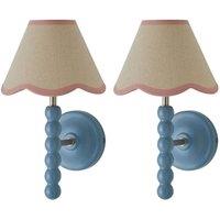ValueLights Bobbins Pair Blue Bobble Wall Lights & Linen Pastel Trim Lamp Shades in Pale Pink