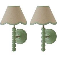 ValueLights Bobbins Pair of Green Wall Lights & Linen Pastel Trim Lamp Shades in Pale Green