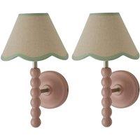 ValueLights Bobbins Pair Pink Bobble Wall Lights & Linen Pastel Trim Lamp Shades in Pale Green