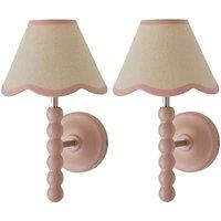 ValueLights Bobbins Pair Pink Bobble Wall Lights & Linen Pastel Trim Lamp Shades in Pale Pink
