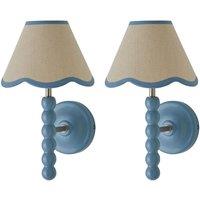 ValueLights Bobbins Pair of Blue Wall Lights with Linen Trim Lamp Shades & Bulbs in Pale Blue