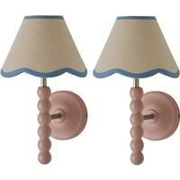 ValueLights Bobbins Pair of Pink Wall Lights with Linen Trim Lamp Shades & Bulbs in Pale Blue