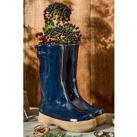 Dibor Large Midnight Blue Wellington Boot Planter Ceramic Indoor Outdoor Garden Flower Plant Pot (H) 29.5cm, (W)24cm in Dark Blue