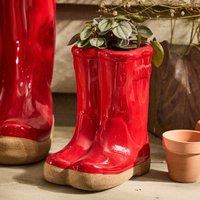 Dibor Small Red Wellington Boot Ceramic Indoor Outdoor Flower Pot Garden Planter Pot (W) 15cm, (H) 17cm