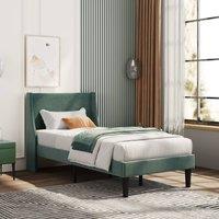 AKA Single Bed Soft Linen 3FT Upholstered Bed with Winged Headboard Wood Slat Support in Green