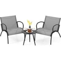 Gymax 3 PCS Metal Patio Chair Set Round Coffee Table & Wide Armchairs Set in Grey