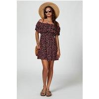 FS Collection Women's Floral Print Bardot Frill Mini Dress in Black | Size: Medium