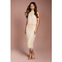 Coast Women's Fringe Embellished Midi Skirt in Champagne | Size: 16