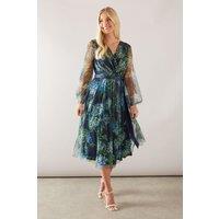 Wallis Women's Petite Floral Mesh Satin Tie Midi Dress in Navy | Size: 12