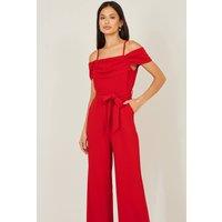 Yumi Women's Red Stretch Bardot Jumpsuit | Size: 16