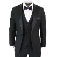 Infinity Leather Men's 3 Piece Tuxedo Suit Classic Satin Dinner Tailored Fit Wedding Prom in True Black | Size: 48R