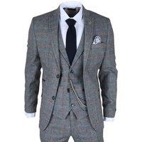 TruClothing Men's 3 Piece Suit Wool Tweed Herringbone Check 1920s Gatsby Formal Dress Suits in Blue | Size: 50R