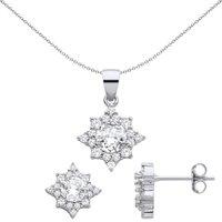 Jewelco London Women's 925 Silver CZ Octogram Starburst Solitaire Earrings Necklace Set