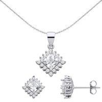 Jewelco London Women's Silver Princess CZ Rotated Square Halo Earrings Necklace Set
