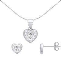 Jewelco London Women's Silver Heart CZ Nested Celestial Halo Earrings & Pendant Set