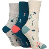 SOCKSHOP Gentle Grip Women's 3 Pair RHS Royal Horticultural Society Patterned Cotton Socks in Teal | Size: 4-8