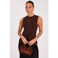 Quiz Women's Brown Knitted Button Front Top | Size: Large