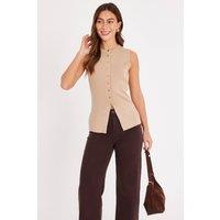 Quiz Women's Stone Knitted Button Front Top | Size: Medium