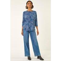 Roman Women's Abstract Printed Raglan Top in Blue | Size: 10