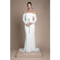 Coast Women's Honoured Sequin Draped Bardot Long Sleeve Maxi Wedding Dress in Ivory | Size: 14
