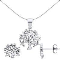 Jewelco London Women's Sterling Silver CZ Fruitful Tree of Life Earrings Necklace Set