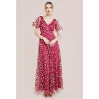 Goddiva Women's Flutter Sleeve Floral Embroidered Maxi in Wine | Size: 10