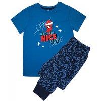 Spider-Man Boy's Nice List Short-Sleeved Long Pyjama Set in Blue | Size: 7-8 Years