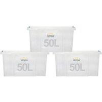 simpa 50L Stackable Plastic Storage Box with Click Lock Lid - Set of 3 in Clear