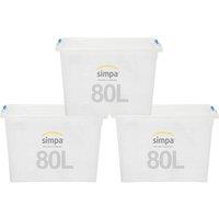 simpa 80L Stackable Plastic Storage Box with Click Lock Lid - Set of 3 in Clear