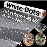 volila 40cm x 15m White Polka Dot Cellophane Roll - For Gift Wrapping, Hampers, Baskets, Flowers & Bouquets | Size: 1 Pack