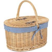 Red Hamper Wicker Blue Check Lining Oval Picnic Basket in Brown