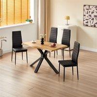 KOSY KOALA Wooden Dining Table with 4 Black Leather Chairs - Dining Kitchen Room Furniture in Brown