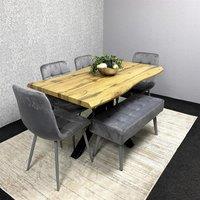 KOSY KOALA Wooden Dining Table with 2 Grey Velvet Chairs & Padded Bench, Dining Room Furniture in Brown
