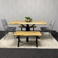KOSY KOALA Wooden Dining Table with 2 Benches & Grey Velvet Chairs, Stylish Dining Room Furniture