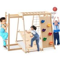 Gymax 6-in-1 Jungle Gym With Slide Indoor Playground Basketball Hoop Ladder in Light Khaki
