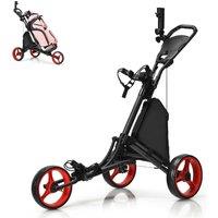 Gymax Golf Push Cart 3-Wheel Quick Folding Golf Bag Holder Golf Club Trolley in Red