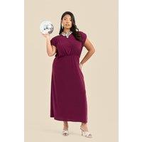 FASHION-SZN Women's Plus Size Statement Shoulder Pad Midi Dress in Burgundy | Size: 16