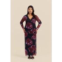 FASHION-SZN Women's Curve V Neck Ruched Midaxi Dress In Statement Floral in Black | Size: 20
