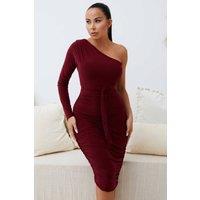 Femme Luxe Women's One Shoulder Ruched Slinky Midi Dress in Wine | Size: 12