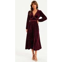 FS Collection Women's Silver Foil Velvet Lace Trim Neckline Midi Dress in Wine | Size: Medium