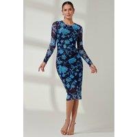 Jolie Moi Women's Ruched Sheath Maxi Mesh Dress in Navy | Size: 10