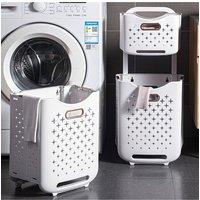 Living and Home 2-Tier Foldable Laundry Baskets Clothes Hamper with Casters in Cool White