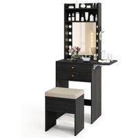Gymax Small Makeup Vanity Desk Dressing Table Set With Lights Storage Stool in Black