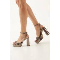 MissPap Women's Metallic Knot Front Very High Block Heel Platform Sandals in Pewter | Size: 6